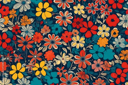 Playful and vibrant  an illustration features interlocking flowers in a retro-style print  creating a seamless pattern against a backdrop of trendy primary colors.