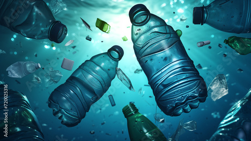 Plastic water bottle floating in the sea. Problem plastic bottles and microplastics floating in the open ocean. Marine plastic pollution concept. Plastic water bottle floating on water