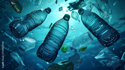 Plastic water bottle floating in the sea. Problem plastic bottles and microplastics floating in the open ocean. Marine plastic pollution concept. Plastic water bottle floating on water