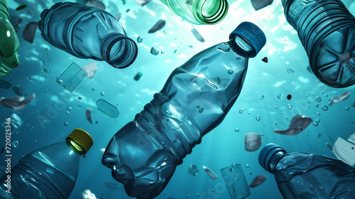 Plastic water bottle floating in the sea. Problem plastic bottles and microplastics floating in the open ocean. Marine plastic pollution concept. Plastic water bottle floating on water photo