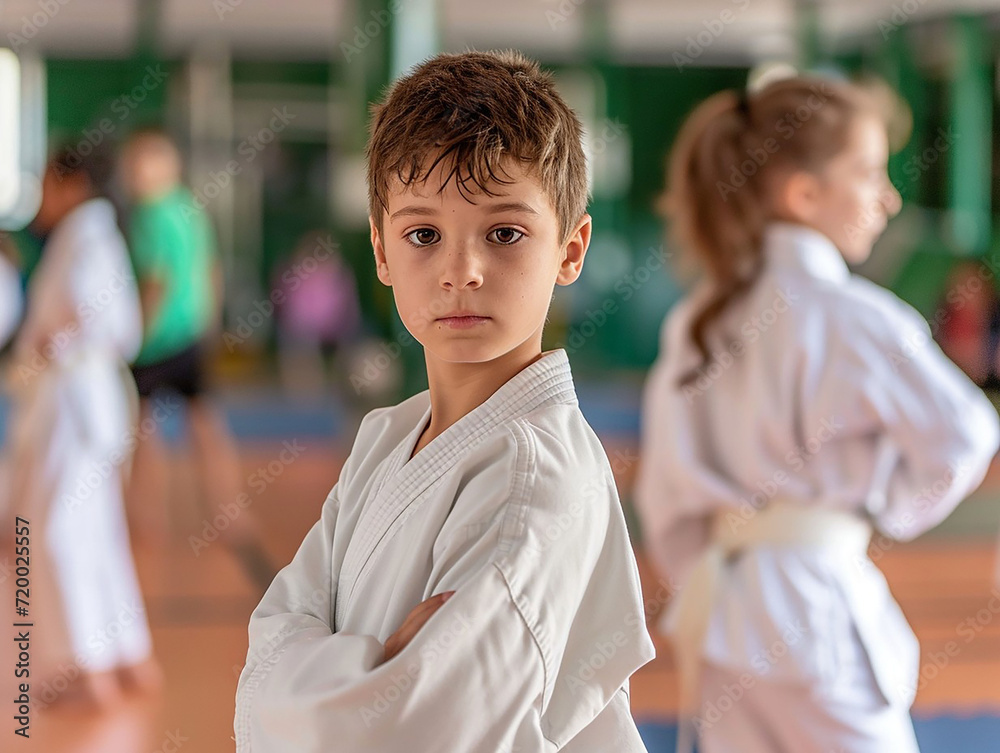 boys and girls training in traditional martial arts clothes of karate fighters club. boys and girls training in traditional martial arts clothes of karate fighters club.