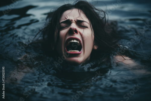 Young Caucasian Woman Screaming in Despair While Submerged in Dark Water © Damian