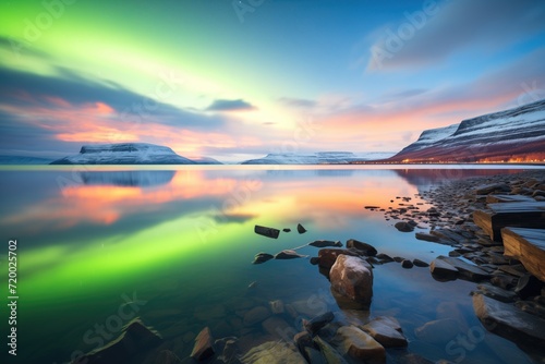 aurora glowing over still waters of a fjord
