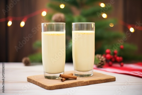 eggnog in tall glasses with vanilla beans on a wood surface