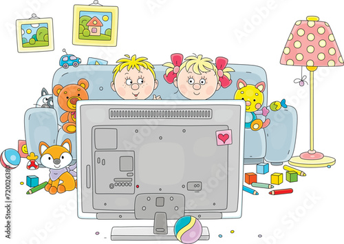 Happy little boy and girl among their funny toys watching cartoons on a TV set in a nursery playroom on vacation, vector illustration isolated on a white background