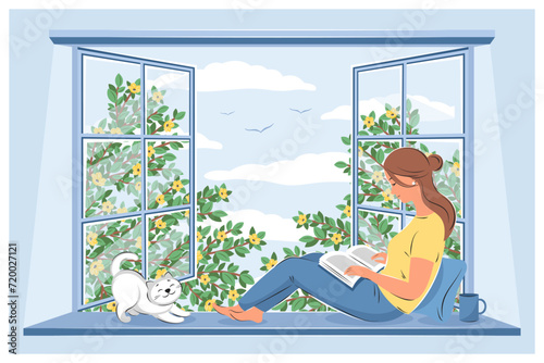 Woman reading book and sitting at the spring window. Layout design for bookstore, library, bookshop or education. Vector illustration
