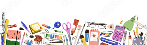 School stationery banner with supplies, stuff border. Notebook, glasses, scissors, calculator, paints, notepad, learning items on education background design. Kids childish flat vector illustration
