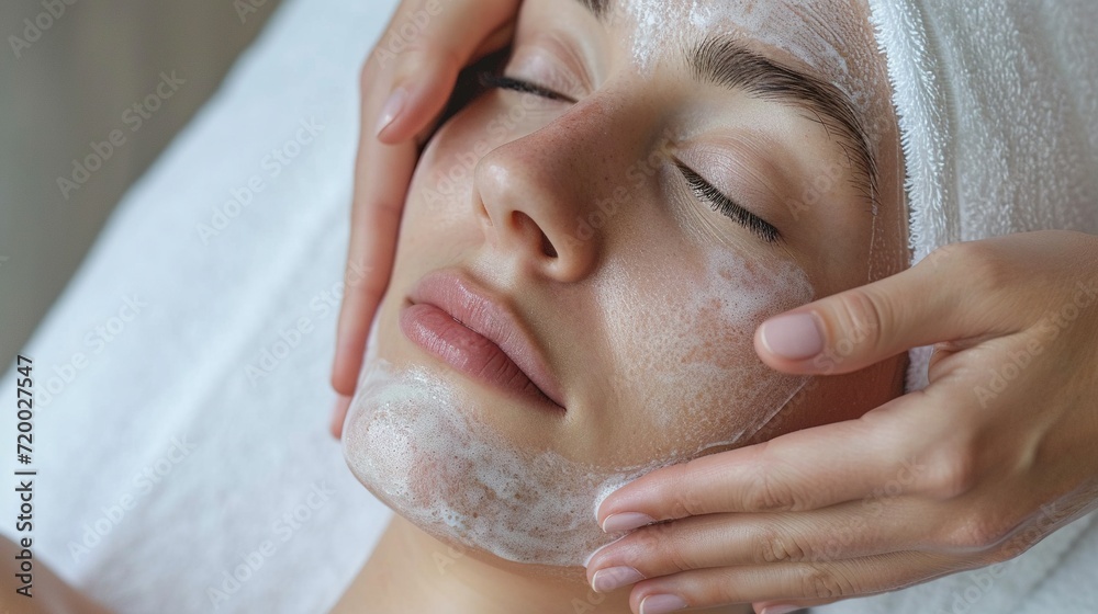 Facial Treatment for Hydrated Glowing Skin,Close-up of a tranquil person receiving a hydrating facial treatment, with focus on skin care and relaxation.