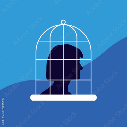 Vector illustration of limited thinking. Violation of women's rights, domestic violence. Need help. Princess in a cage, bullying a person. impasse, hopeless situation. 
