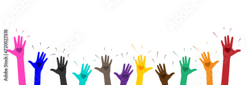 Raised hands with heart by different people. Unite for a common cause.