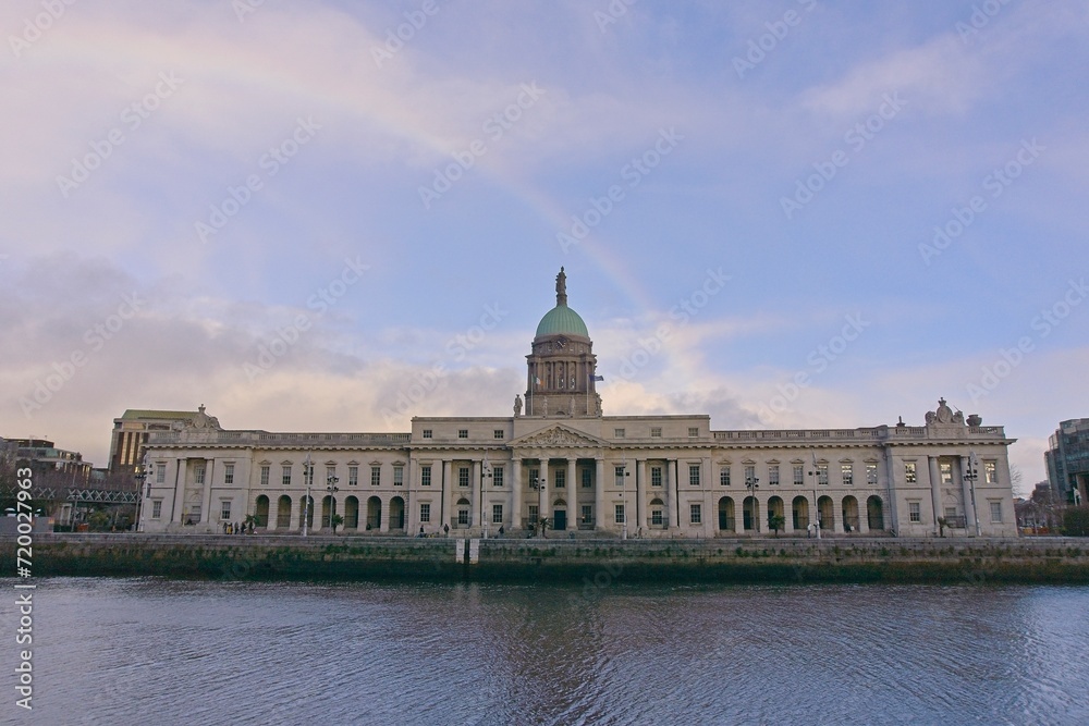 View  with a rainbow of The Custom House in Dublin, Ireland	