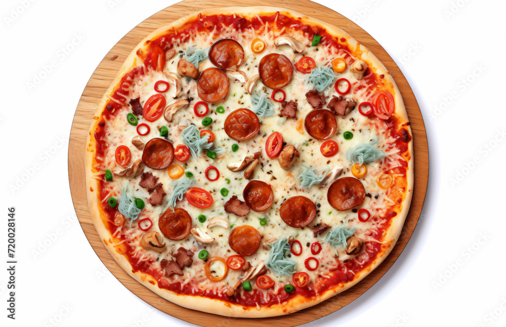 an italian pizza is placed on top of the table, in the style of high-key lighting, wood