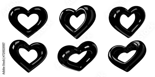 3D heart set from sleek black plastic or liquid metal. Reflective glossy surface with highlights. Isolated vector elements for trendy Y2K designs, Valentine graphics. Ideal for modern love themes