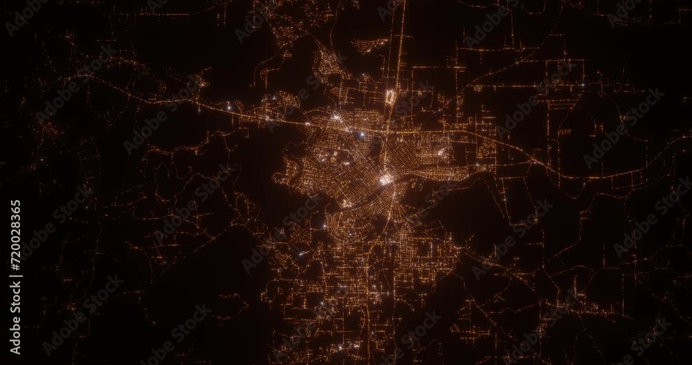 Monroe (Louisiana, USA) top view at night. Aerial view on modern city with lights. Camera is flying above the city, moving backward. Vertical video. The north is on the left side Monroe (Louisiana, USA) top view at night. Aerial view on modern city with lights. Camera is flying above the city, moving backward. Vertical video. The north is on the left side