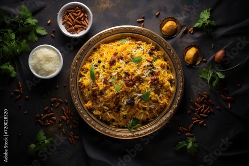 Hyderabadi and Mughlai cuisines - Hyderabadi biryani overhead view.