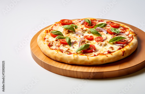 an italian pizza is placed on top of the table, in the style of high-key lighting, wood