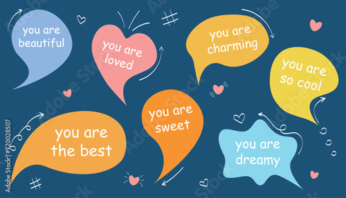 Vector set of speech bubbles with compliments, self-love quotes, cartoon stickers