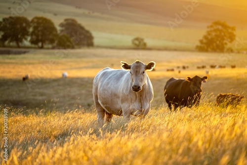Fototapeta Naklejka Na Ścianę i Meble -  stud wagyu cows and bull in a sustainable agriculture field in summer. fat cow in a field. mother cow with baby at sunset