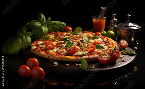 pizza with tomatoes, cheese and basil on a tray with black background