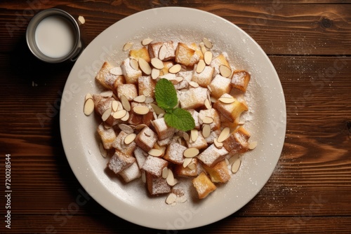 East Austrian cuisine - Kaiserschmarrn obe wooden able top. Overhead view.