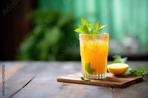 glass of carrot juice with whole carrots and leaves nearby