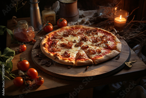 a pizza with toppings placed on top of a wooden board