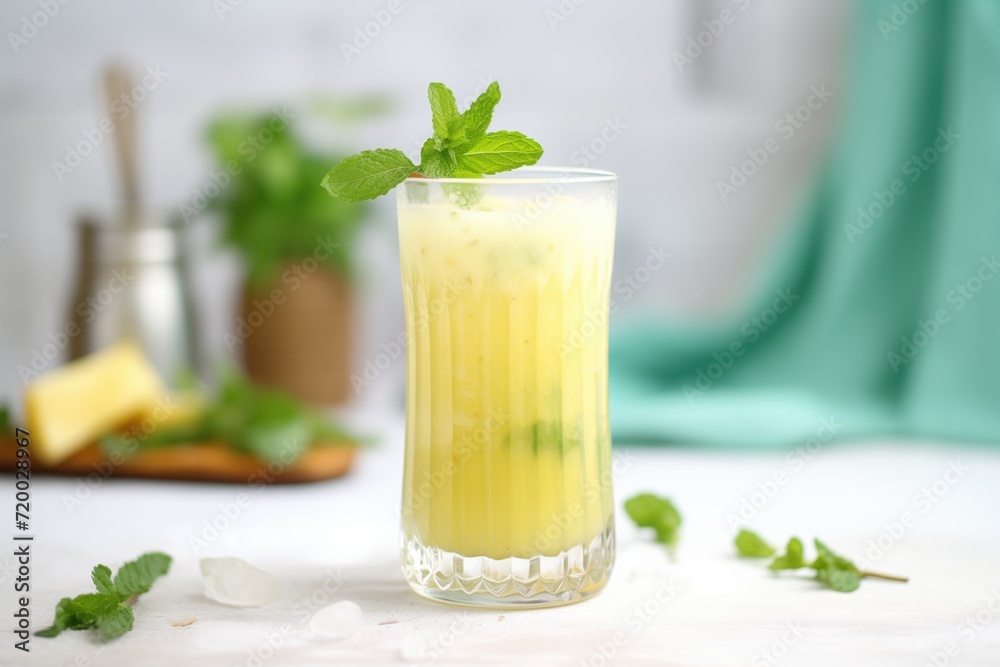 frosted glass of pineapple juice with a sprig of mint on top frosted glass of pineapple juice with a sprig of mint on top