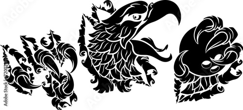 A bald eagle or hawk with claw talons holding a ten pin bowling ball and ripping or tearing through the background. Sports Mascot