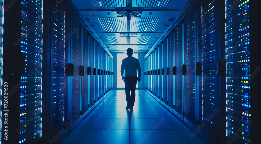 IT engineer in a large database server center office, surrounded by racks of hardware in a big cloud data center. Illustrating high-speed data transfer, server management, and advanced technology.