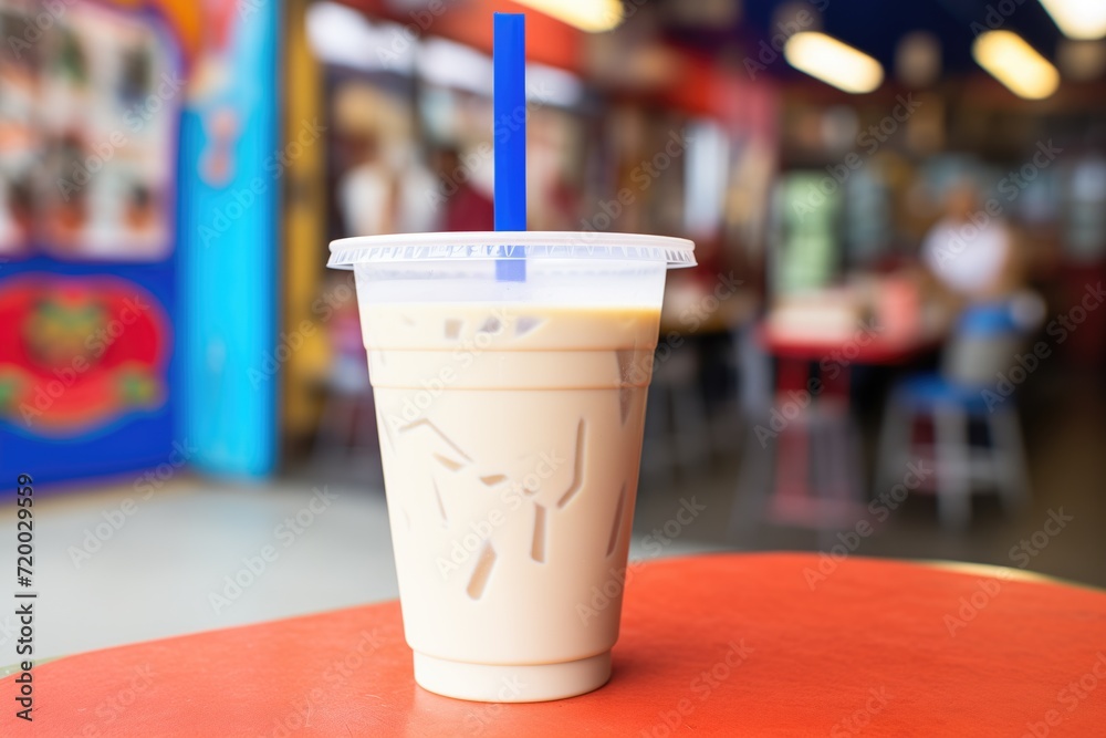 takeout horchata in a plastic cup with a logo