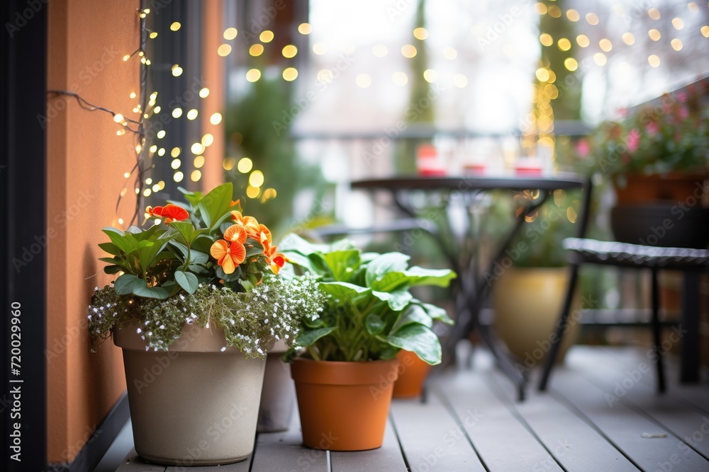 cluster of potted plants on a patio with string lights