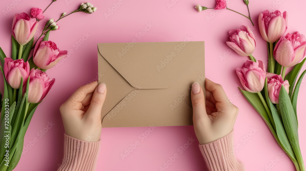 Obraz premium Young woman hands holding an envelope containing a love letter or a card from a friend in the mail