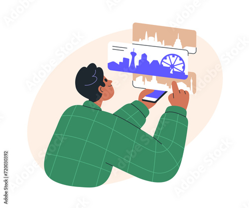 Tourist planning trip with mobile phone, looking for landmark in smartphone. Man sightseeing online, choosing vacation travel in internet. Flat graphic vector illustration isolated on white background