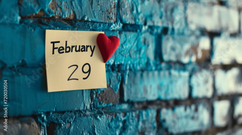 Yellow note on bricks wall background with written February 29 as a reminder for leap year day with copy space