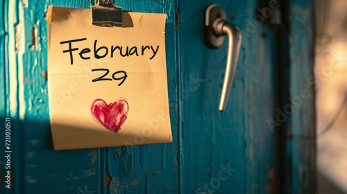 Yellow note on door background with written February 29 as a reminder for leap year day with copy space photo