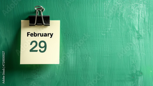 Note on green wall background with written February 29 as a reminder for leap year day with copy space photo