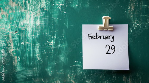 White note on green wall background with written February 29 as a reminder for leap year day with copy space