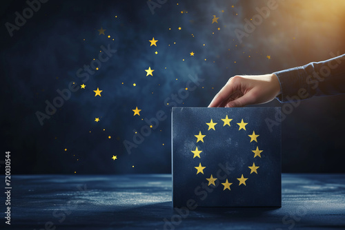 European Union elections concept image background , ballot box with EU flag colors and stars and hand holding a ballot paper voting