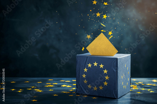 European Union elections concept image background , ballot box with EU flag colors and stars and ballot paper photo