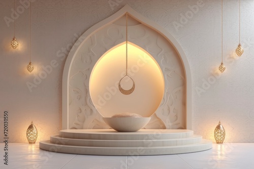 podium with ramadan background, mockup display stand for product presentation, hyper detailed, photorealistic, 16K, ultra realistic, no watermark - generative ai