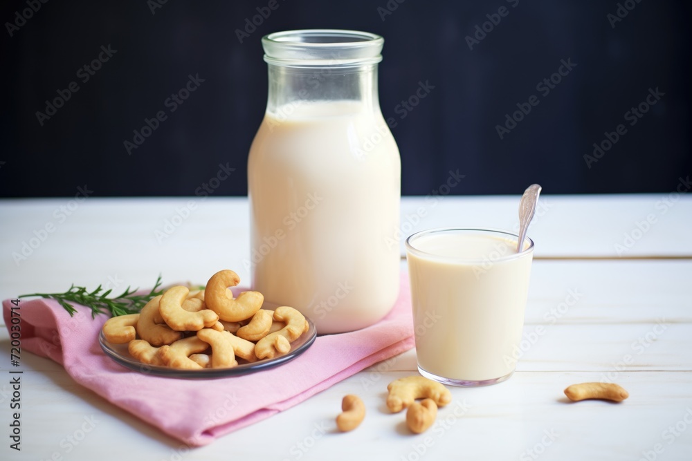 soaked cashews next to a jug of fresh cashew milk soaked cashews next to a jug of fresh cashew milk