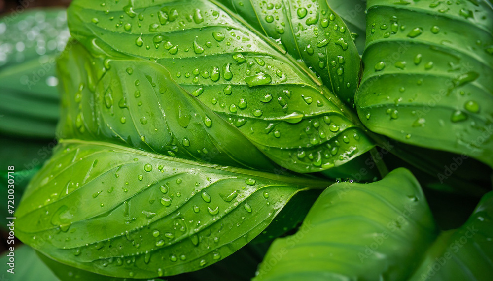 Fototapeta premium abstract green leaf texture nature background tropical rain atmosphere, plant with droplets, copy space