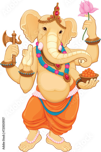 Ganesha, Hindu god with elephant head. Vector isolated character with transparent background
