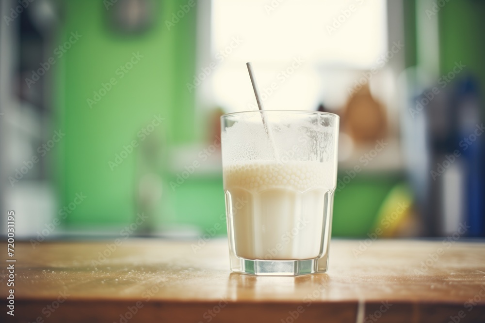 glass of milk with straw, condensation visible glass of milk with straw, condensation visible