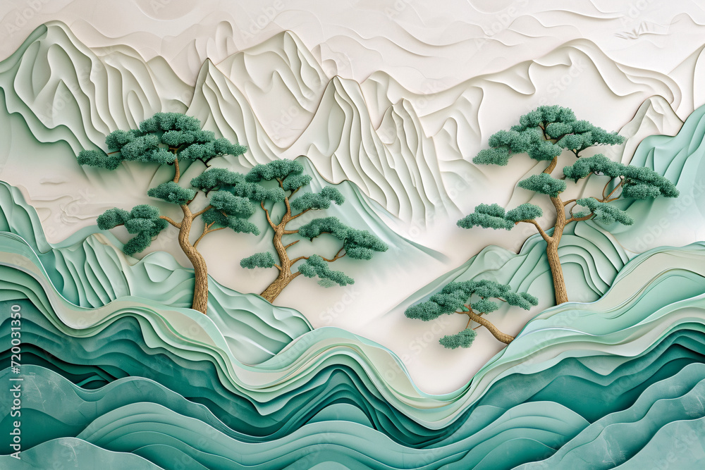Fashionable new Chinese style landscape paper-cut three-dimensional space, new Chinese style paper-cut style landscape picture