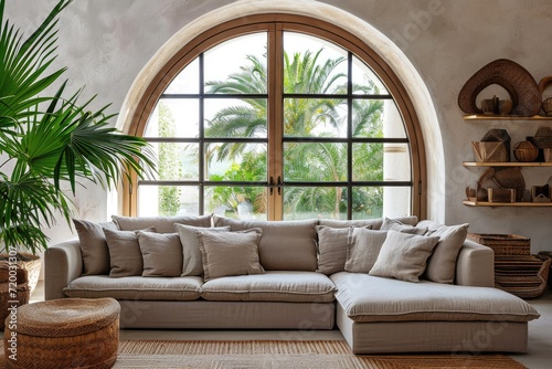 Corner sofa with pillows against arched window. Boho ethnic home interior design of modern living room