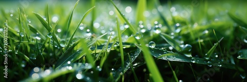 In a close-up view  dew droplets delicately adorn blades of grass  capturing the intricate beauty of nature s morning adornment.
