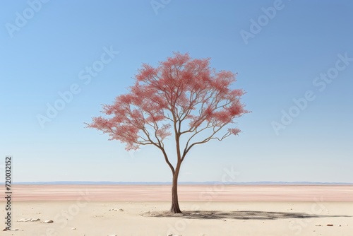 A solitary red tree stands stark against the vastness of a desert landscape, with the horizon stretching endlessly in the background, creating a striking and minimalist scene.