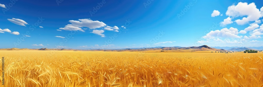 A fall field extends under a vast blue sky, with the horizon creating a serene and seasonal landscape bathed in autumnal hues.