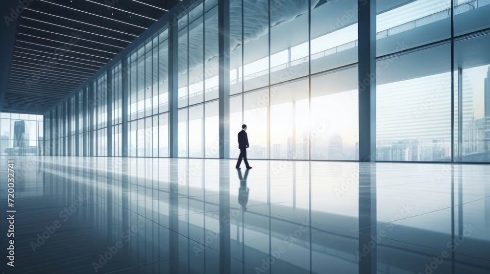 Modern business ambiance: man strolling through spacious office corridor with abundant natural light and large windows – ideal for business presentations, wallpaper, and conceptual backgrounds